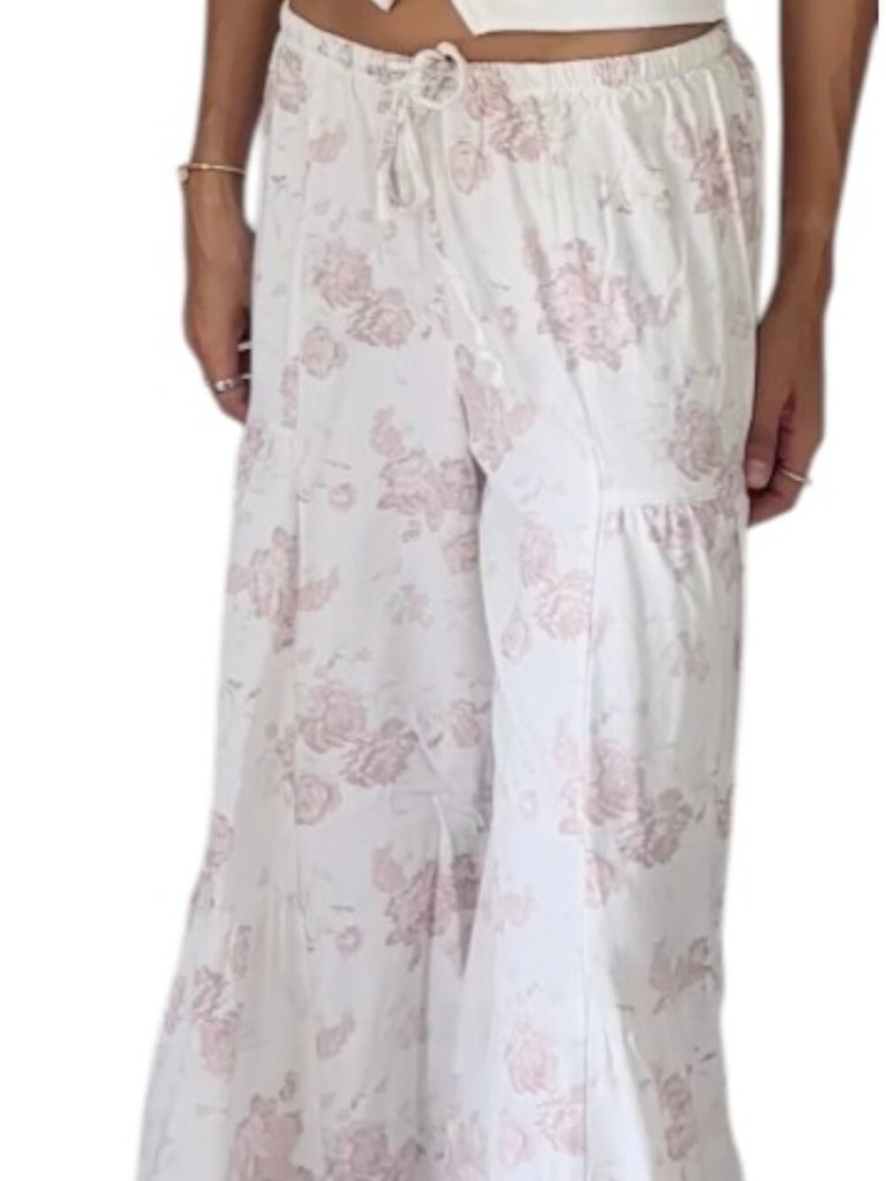 Rewash Off White Lavender Floral Wide Leg Pants Drawstring Linen Blend Size S